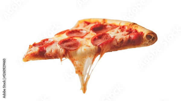 Fototapeta Pepperoni pizza slice featuring stretching mozzarella, crispy crust, and savory toppings against clean transparent backdrop