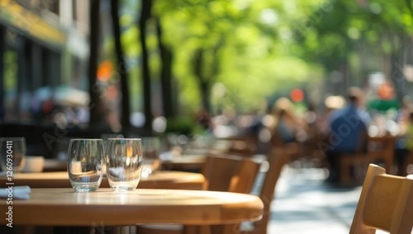 Obraz Sunny Day Outdoor Cafe: Empty Glasses on a Wooden Table
