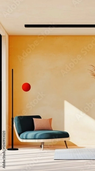 Fototapeta Modern Living Room Design Featuring Chic Sofa, Stylish Lamp and Colorful Decor, Inviting Comfortable Atmosphere