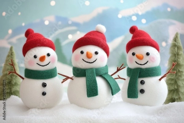 Obraz Three snowmen in red hats and scarves stand together in the snow