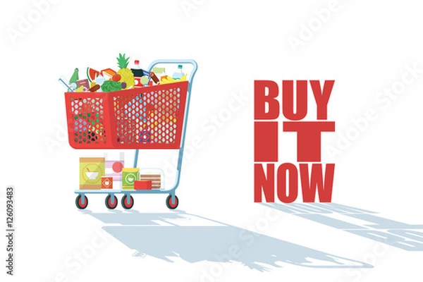 Fototapeta Vintage Red Shopping Cart Full Of Food. Vector Illustration