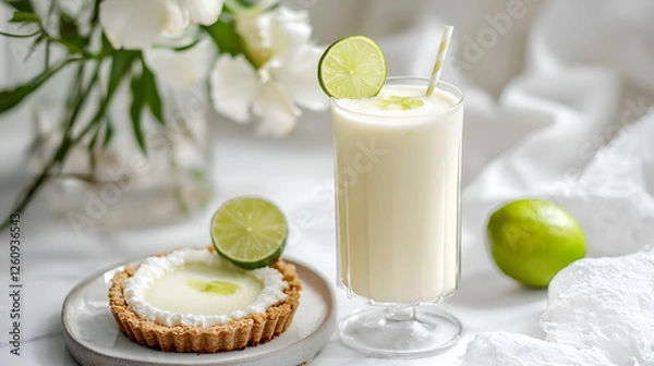 Fototapeta Refreshing key lime smoothie with a mini tart and a lime on a white marble background. Enjoy this treat!