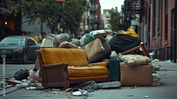 Obraz A pile of discarded furniture including a sofa, chair, and various cushions on a city sidewalk, highlighting urban waste and the need for proper disposal or recycling
