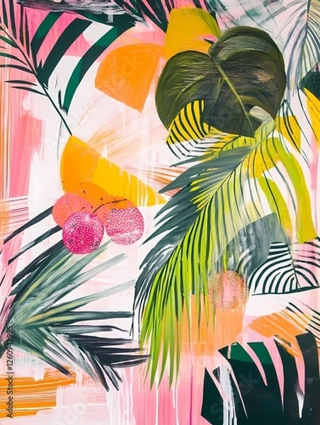 Fototapeta Tropical abstraction with large palm fronds, vibrant fruit clusters, and fluid patterns in pastel pinks, greens, and yellows, featuring bold lines, stripes, and organic forms in pop art style on a cut
