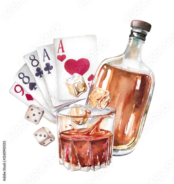 Obraz Whiskey glass with flying ice cubes, splashes, alcohol bottle, playing cards and dice watercolor art