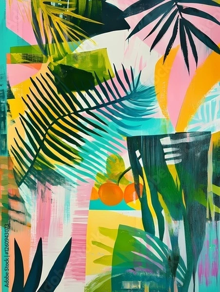 Fototapeta Tropical abstraction with large palm fronds, vibrant fruit clusters, and fluid patterns in pastel pinks, greens, and yellows, featuring bold lines, stripes, and organic forms in pop art style on a cut
