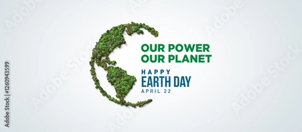 Fototapeta Our power, our planet. Earth day 2025 3d concept background. Ecology concept. Design with 3d globe map drawing and leaves isolated on white background.