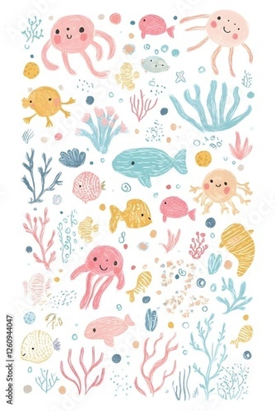 Obraz Whimsical Pastel Sticker Sheet of Tiny Hand-Drawn Cartoon Sea Creatures on White Background