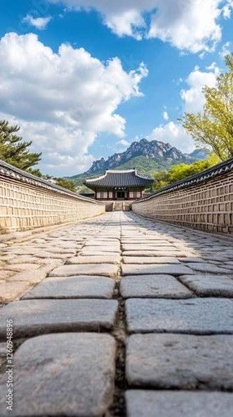 Obraz Stone path to temple, mountain backdrop, clear sky