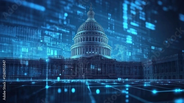 Fototapeta Capitol building, digital data, night, future tech