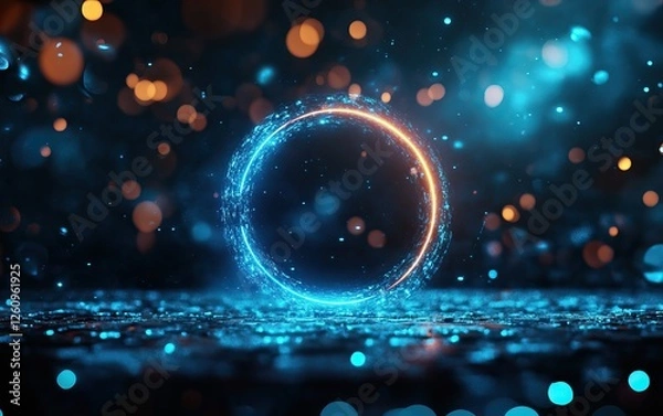 Obraz A glowing circle surrounded by shimmering particles in a dark blue background, creating a mystical and enchanting visual effect.