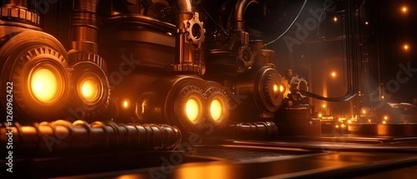 Obraz A dimly lit industrial scene showcasing glowing machinery with pipes and gears, evoking a steampunk aesthetic.