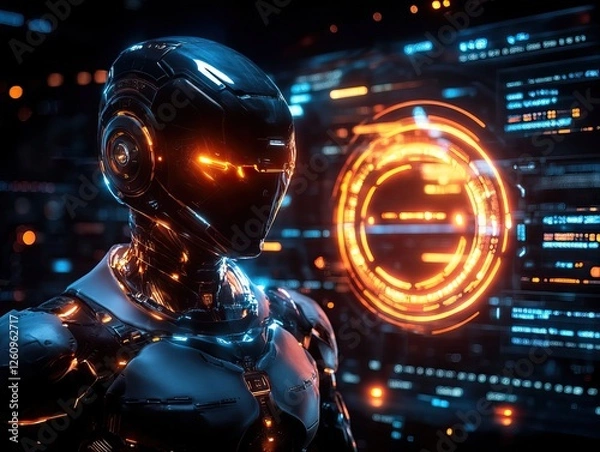 Obraz A futuristic robot with glowing features stands against a backdrop of digital screens displaying vibrant data visualizations.