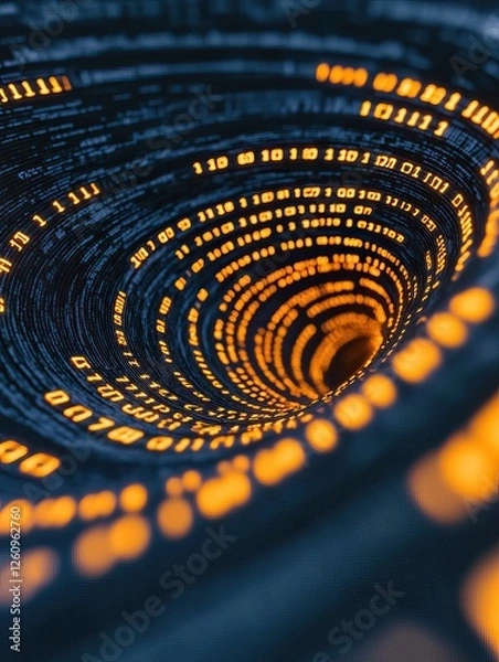 Obraz A swirling vortex of binary code, illuminated in orange and black, symbolizes digital data and technology.