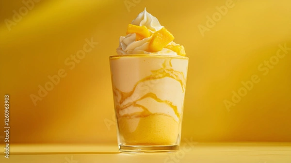 Fototapeta Refreshing yellow smoothie topped with whipped cream and diced fruit on a vibrant yellow background.