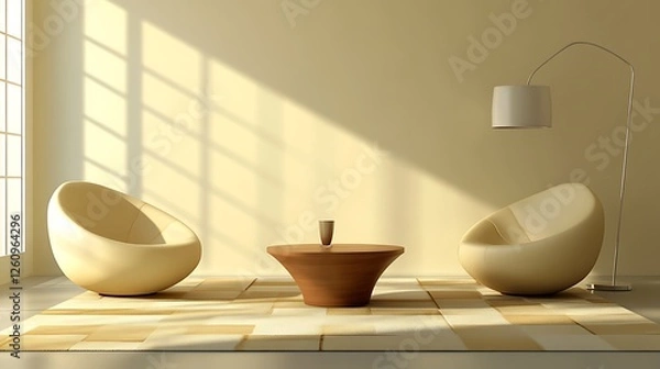 Fototapeta Modern minimalist living room with beige chairs and lamp