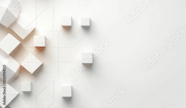 Fototapeta Random shifted white cube boxes block the background wallpaper banner. abstract 3d square white technology communication concept background. Random shifted white cube square boxes block the background