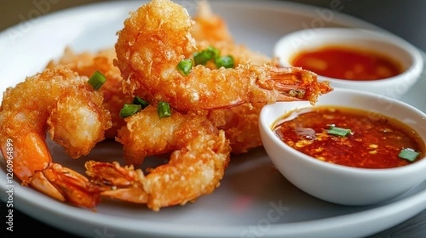 Obraz Fried Shrimps, prawn tempura with sweet chili sauce