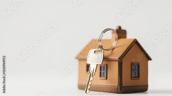 Fototapeta Home Key With Keychain and Miniature House Model on White Background
