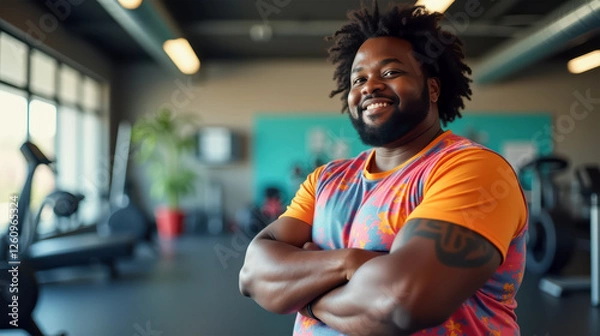 Fototapeta Portrait of an Plus size African American man with beard and afro hair, smiling confidently in a modern club sport. Smiling African American man with tattoo on crossed arm in modern gym.