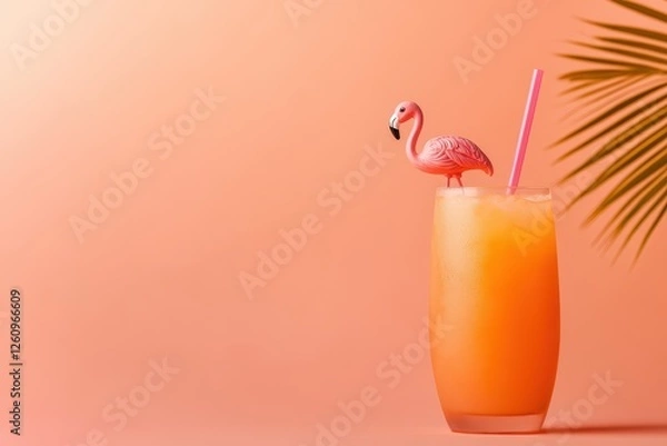 Fototapeta Refreshing drink adorned with a quirky flamingo stirrer against a vibrant coral background