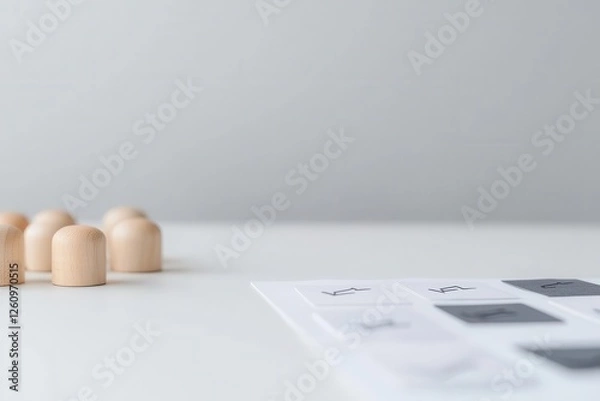 Obraz Minimalistic workspace featuring wooden figures and design sheets.