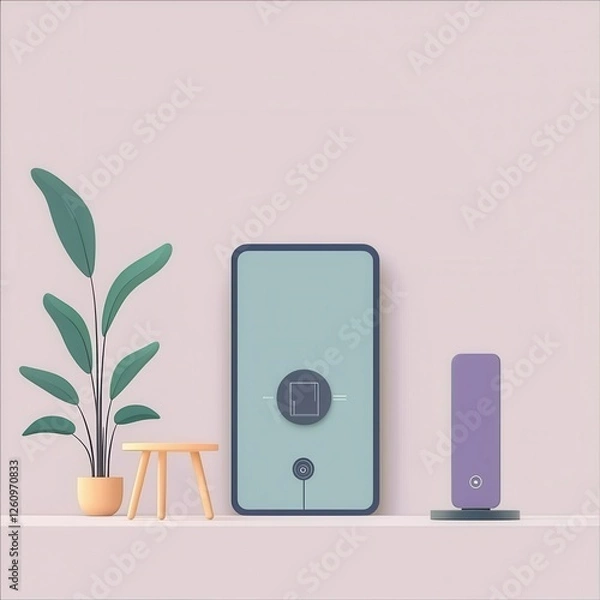 Obraz Modern technology setup with plants and sleek devices.