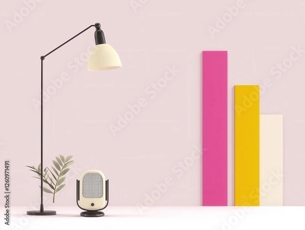 Obraz Modern workspace with stylish lamp and vibrant decor elements.