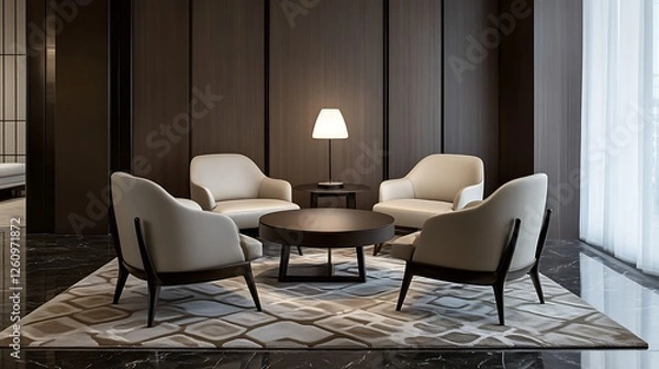 Obraz Modern Lounge Area With Beige Chairs And Dark Wood Paneling