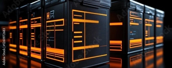 Obraz Stylish server racks with vibrant orange and black design.