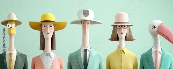 Obraz Stylized characters in vibrant attire against a pastel backdrop.