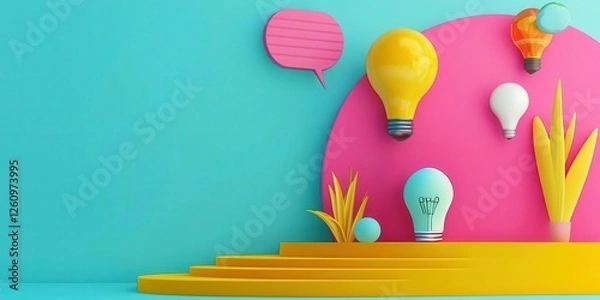 Obraz Vibrant display of light bulbs and speech bubbles on colorful backdrop.