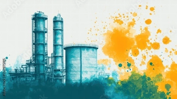 Fototapeta An industrial scene featuring tall silos and a tank, set against a vibrant splash of orange and teal colors, creating an artistic and modern look.