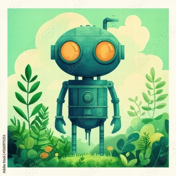 Fototapeta A whimsical robot with large orange eyes stands amidst lush green foliage, blending technology with nature in a vibrant, playful setting.