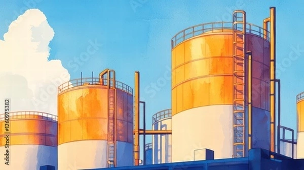 Fototapeta The image features large, cylindrical storage tanks against a bright blue sky, showcasing industrial infrastructure with a modern design.