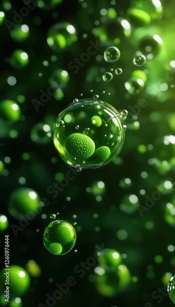 Fototapeta A vibrant close-up of green bubbles floating in a dark background, creating a lively, organic atmosphere filled with depth and texture.