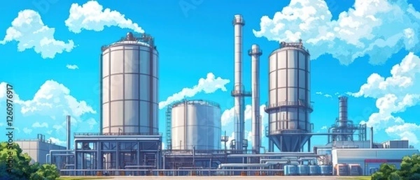 Fototapeta A vibrant industrial scene featuring large storage tanks and smokestacks against a bright blue sky with fluffy clouds.