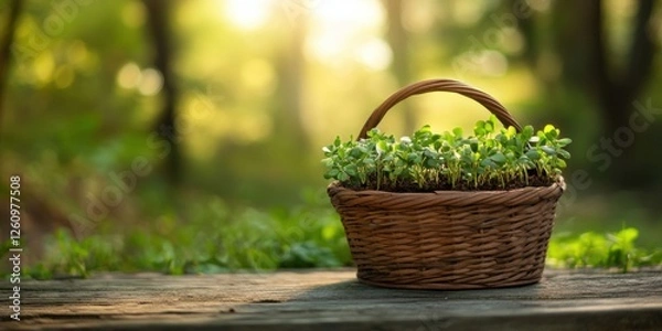 Fototapeta tree planting inspiration, a basket of small tree saplings for planting on a wooden bench, with a blurred forest backdrop