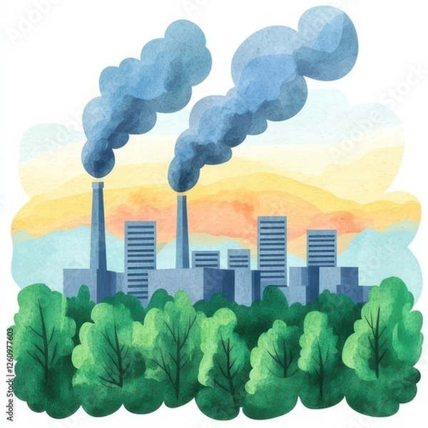 Fototapeta A colorful illustration of factories emitting smoke, surrounded by green trees and a sunset backdrop, highlighting industrialization and environmental impact.