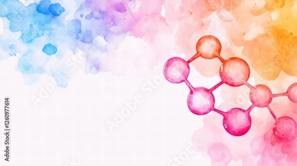 Fototapeta A colorful abstract background featuring a molecular structure with vibrant watercolor splashes in blue, pink, and orange.