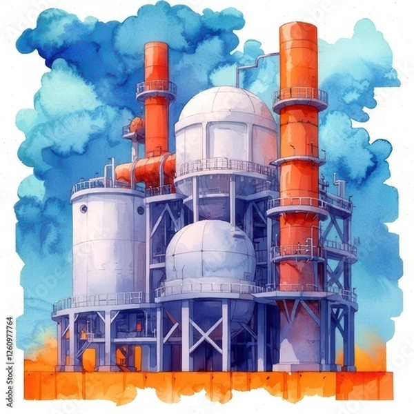 Fototapeta A colorful industrial structure with cylindrical towers and pipes against a vibrant blue and orange sky, showcasing modern engineering.