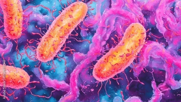 Fototapeta A vibrant illustration of bacteria, showcasing colorful shapes and textures, emphasizing the microscopic world of microorganisms.