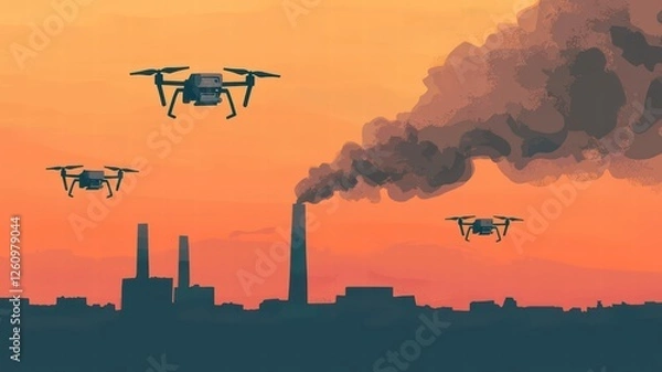 Fototapeta Drones fly over an industrial landscape at sunset, with smoke billowing from factories, highlighting the intersection of technology and pollution.