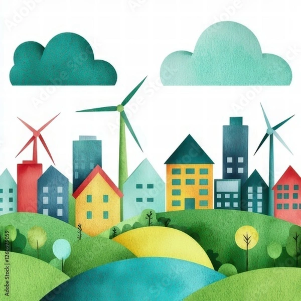 Fototapeta A colorful, whimsical cityscape with wind turbines, greenery, and clouds, illustrating a sustainable urban environment.