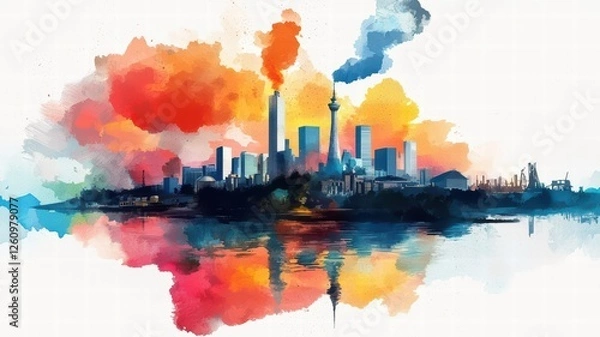 Fototapeta A vibrant watercolor depiction of a city skyline at sunset, featuring smokestacks emitting colorful plumes against a backdrop of clouds.