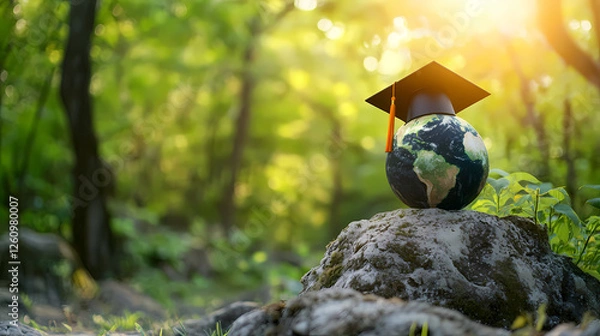 Fototapeta A Global Education: A symbolic image of the Earth wearing a graduation cap amidst a lush forest backdrop, representing the power of education to shape a sustainable future for the planet. 