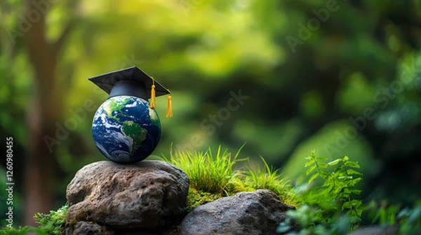 Obraz A World of Knowledge: A globe, adorned with a graduation cap, perched atop a moss-covered rock, surrounded by lush greenery, symbolizing the transformative power of education on our planet.  