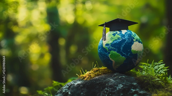 Fototapeta Earth's Graduation: A symbolic image of a graduation cap perched atop a globe, nestled amidst lush greenery, representing the global pursuit of knowledge and sustainability. 