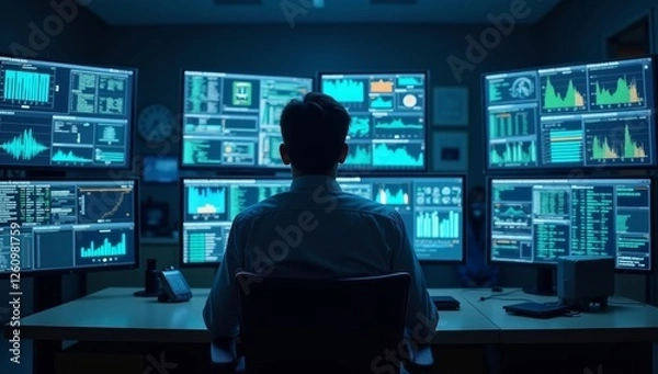 Fototapeta cybersecurity expert intently observes multiple screens displaying advanced network activity and data flow in a high-tech surveillance room