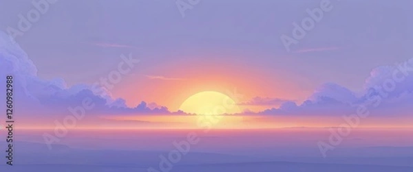 Fototapeta A beautiful sunrise emerges over a serene landscape, casting soft hues of pink, orange, and lavender across the sky. The gentle clouds float above, enhancing the peaceful atmosphere